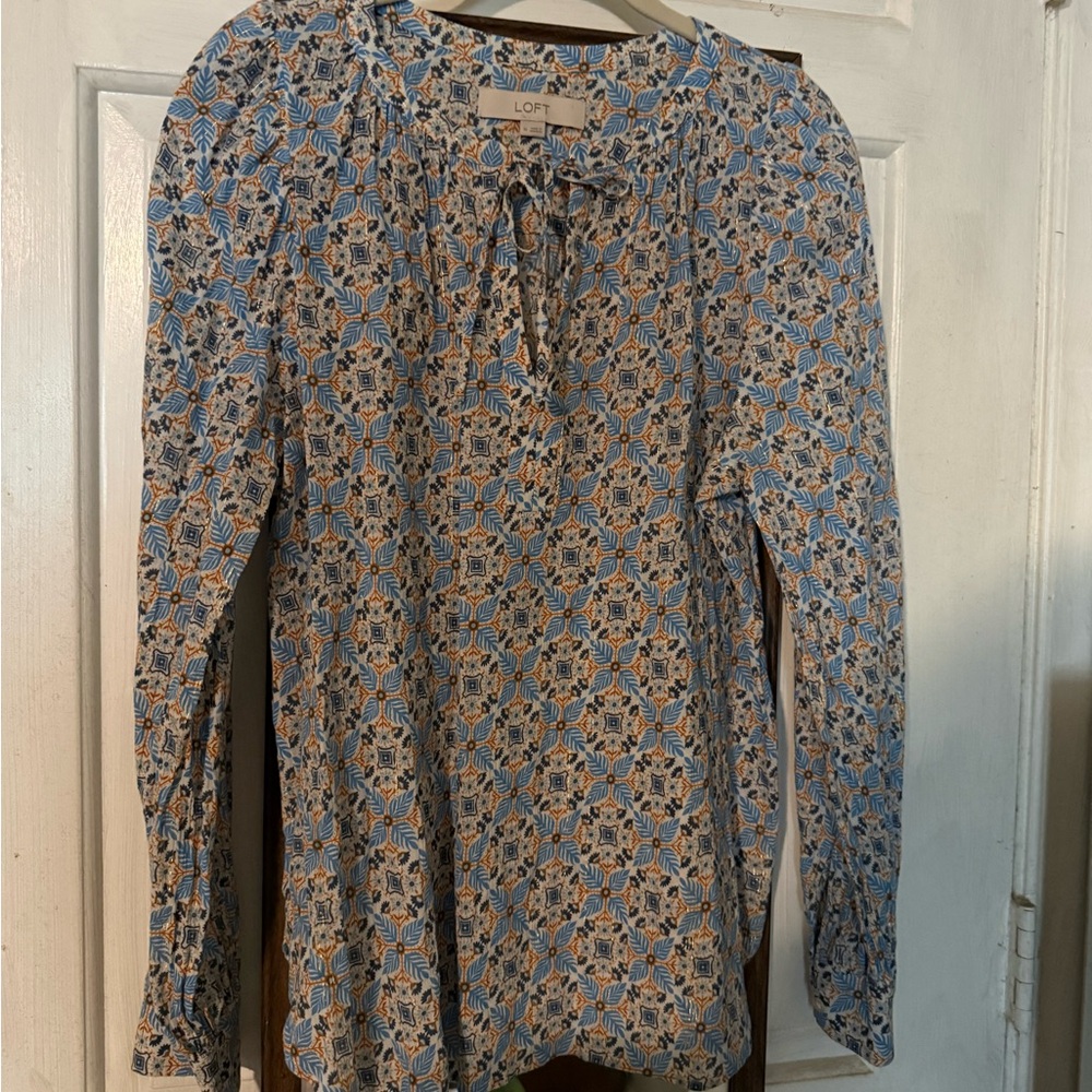 LOFT Women's Geometric Blue and Orange Blouse - Picture 2 of 5